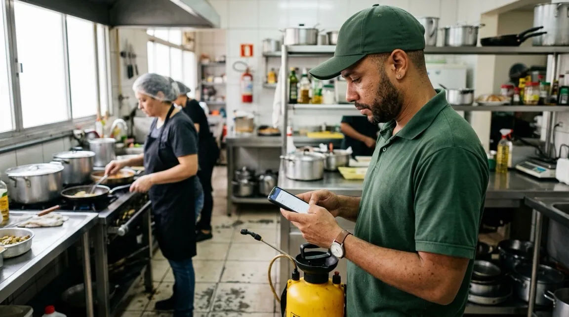 Ordens de serviço no celular: O técnico preenche a ficha em campo, com foto, assinatura e GPS. Funciona até sem internet.